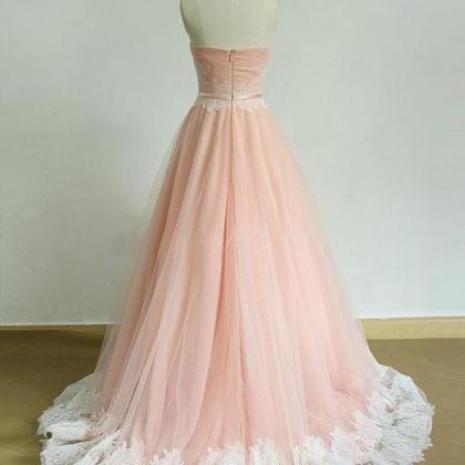 Chic Sweetheart Lace Sweep Train Pink Ruched Prom..