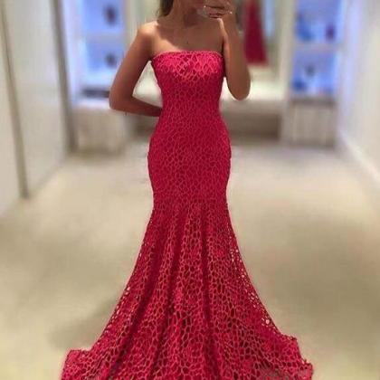 Elegant Strapless Sweep Train Ruched Lace Prom..