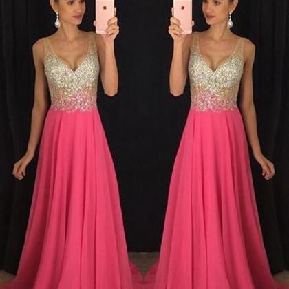 Trendy V-neck Sweep Trian Rose Pink Prom Dress..