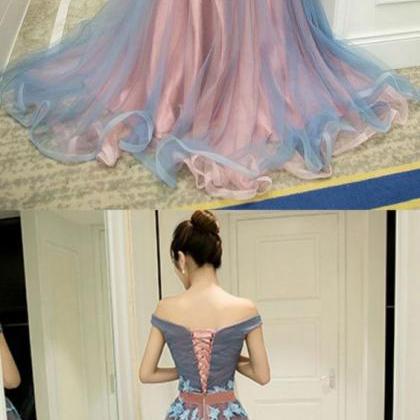 Gray Blue Tulle Off Shoulder Long Prom Dress, Gray..