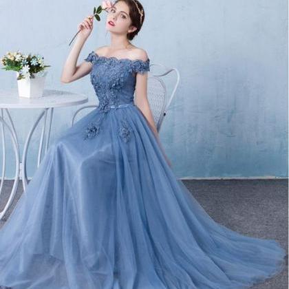 Blue Tulle Lace Off Shoulder Long Prom Dress,..