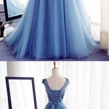 Blue Tulle Lace Off Shoulder Long Prom Dress,..