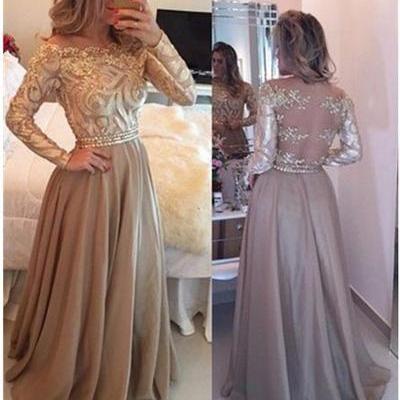 A-line Cowl Gold Long Prom Dresses,long Sleeves..