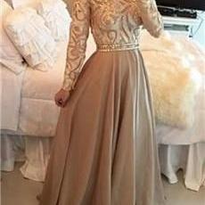 A-line Cowl Gold Long Prom Dresses,long Sleeves..