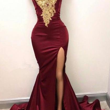 Gorgeous Burgundy Mermaid Prom Dresses Gold Lace..