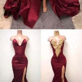 Gorgeous Burgundy Mermaid Prom Dresses Gold Lace..