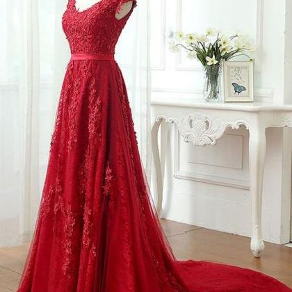 Red Lace Tulle Long Prom Dress, Red Lace Evening..