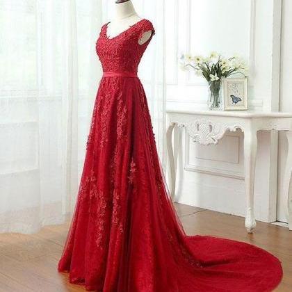 Red Lace Tulle Long Prom Dress, Red Lace Evening..