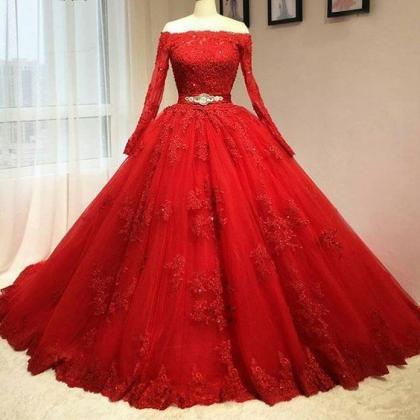 Red Prom Dress, Ball Gown Prom Dress, Long Sleevev..