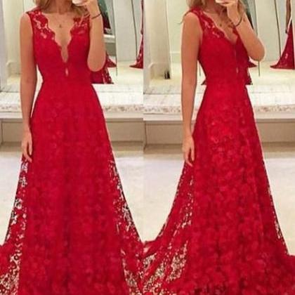 Red Lace Prom Dresses Sexy Sheath Evening Dresses..