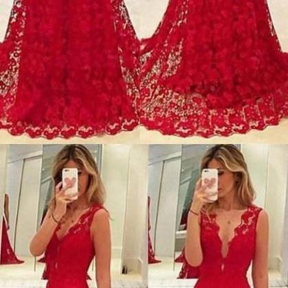 Red Lace Prom Dresses Sexy Sheath Evening Dresses..