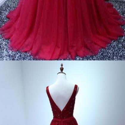 Glamorous A-line V-neck Red Tulle Long Prom Dress..