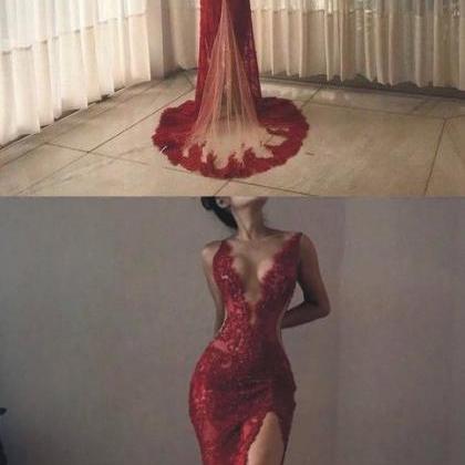 Mermaid Wine Red Lace Evening Dress,sexy Slit Lace..