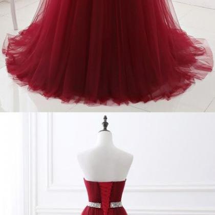 A Line Sweetheart Red Tulle Beadings Prom Dress LBQ3651 main image 1