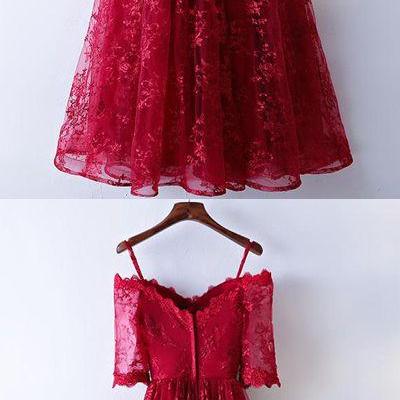 Pretty Burgundy Half Sleeve Lace Prom Dress,lace..