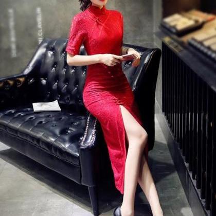 Red Lace Qipao / Cheongsam Prom Dress With Split..