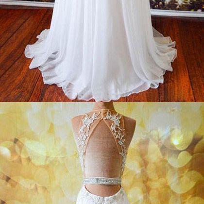 White Chiffon Tulle Appliques Lace Sweep Train..