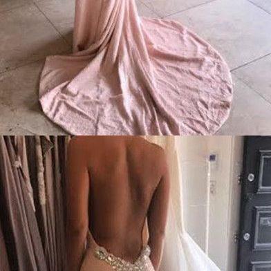 Mermaid Halter Sweep Train Backless Pink Lace Prom..