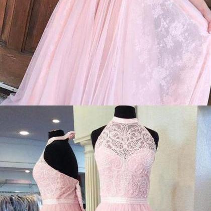 A-line Halter Floor-length Pink Tulle Prom Dresses..