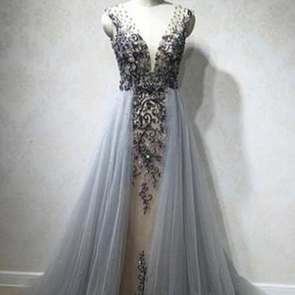 Elegant Gray Tulle V Neck A-line Beaded And..