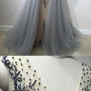 Elegant Gray Tulle V Neck A-line Beaded And..