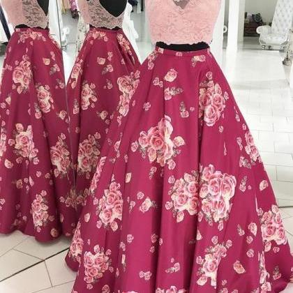 Two Piece Pink Floral Long Prom Dress M0359