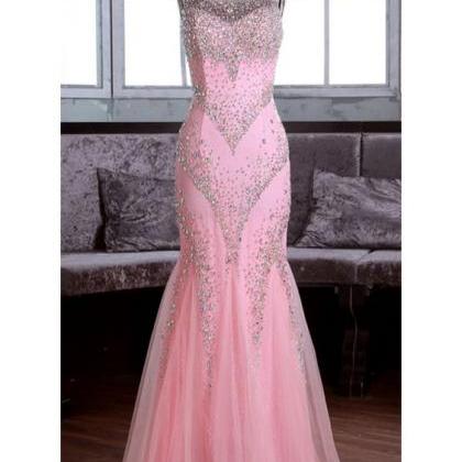 Long Pink Beaded Mermaid Lace Tulle Prom Dresses..