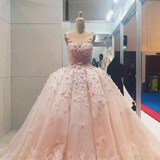 Pink Lace Applique Beads Ball Gown Quinceanera..