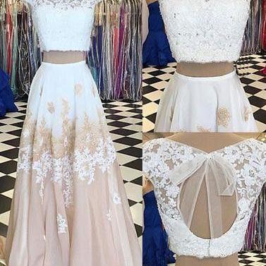 White Two Pieces Lace Long Prom Dress,cap Sleeves..