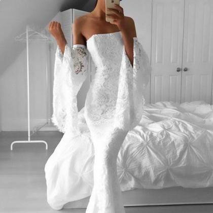 White Strapless Off-shoulder Lace Mermaid Long..