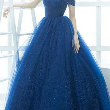 Royal Blue Organza Off-shoulder Simple Ball Gown..