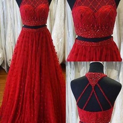 Two Piece A-line Jewel Sweep Train Open Back Red..