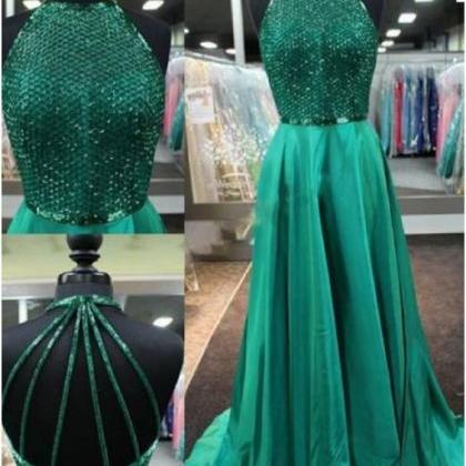 Delicate Round Neck Sweep Train Emerald Backless..