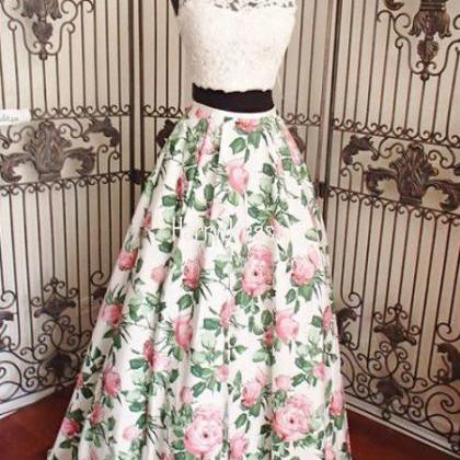 A Line Ivory Pink Print Beaded Lace Two Piece Long..