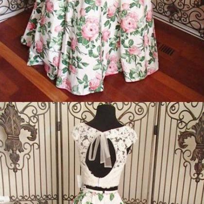 A Line Ivory Pink Print Beaded Lace Two Piece Long..
