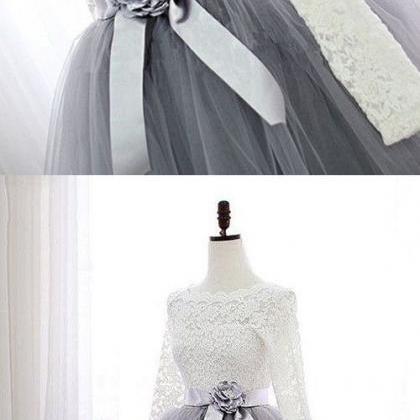 A-line Bateau Long Sleeves Light Gray Tulle Prom..