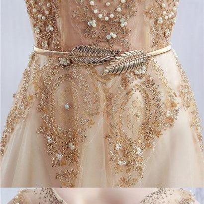 Luxurious A-line Round Neck Champagne Long Prom..