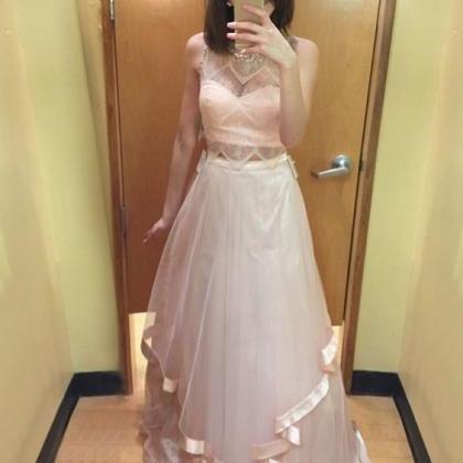 A-line Scoop Sweep Train Light Pink Tulle Prom..