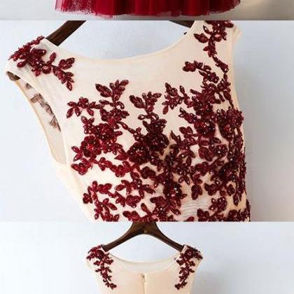 Burgundy Tulle Lace Applique Long Prom Dress,..