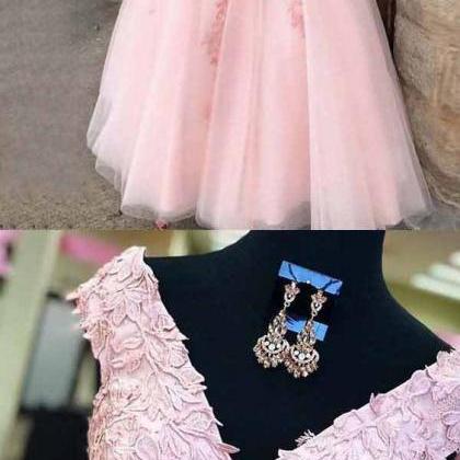 A-line V-neck Cap Sleeves Pink Tulle Beaded..