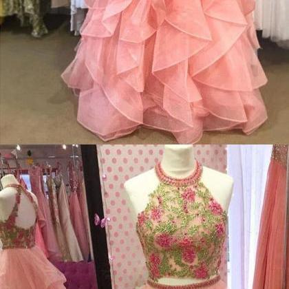 Two Piece Round Neck Tiered Pink Open Back Prom..
