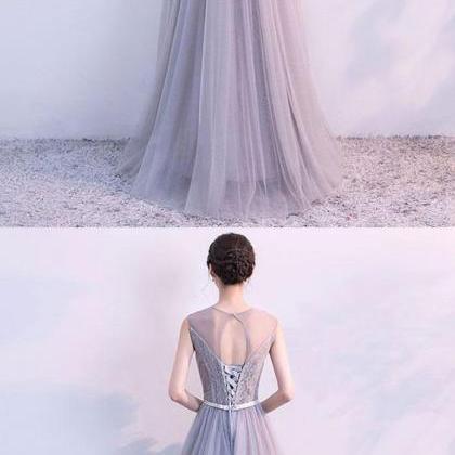 Gray A Line Tulle Lace Long Prom Dress, Lace..