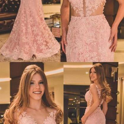 Mermaid V-neck Backless Pink Prom Dress With..