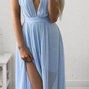 Blue Casual Prom Dress, Chiffon Prom Dress, Simple..
