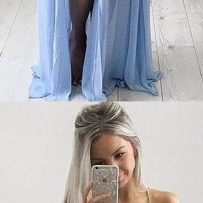Blue Casual Prom Dress, Chiffon Prom Dress, Simple..