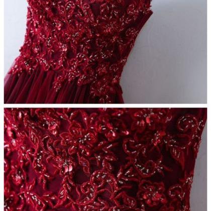 Elegant Burgundy A-line Tulle Evening Dress With Split Y7159