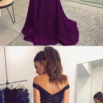 Purple Long Jersey V-neck Off Shoulder Prom..