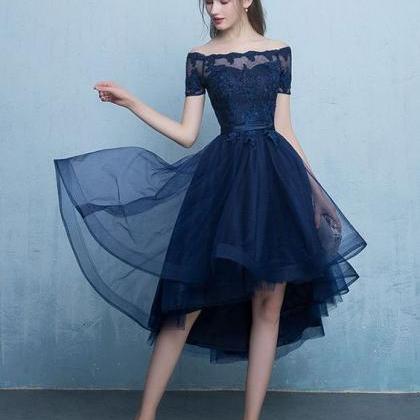 Dark Blue Lace Tulle Short Prom Dress, High Low..
