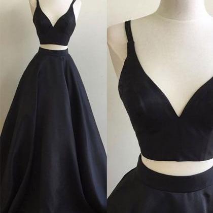Simple Two Pieces Black Long Prom Dress, Black..