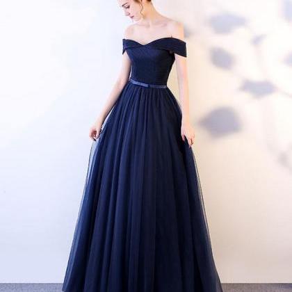 Dark Blue Long Prom Dress, Blue Tulle Evening..